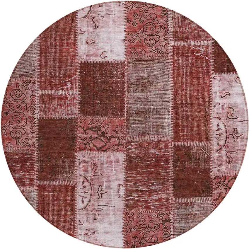 8' Burgundy Merlot And Blush Round Patchwork Washable Indoor Outdoor Area Rug Photo 1