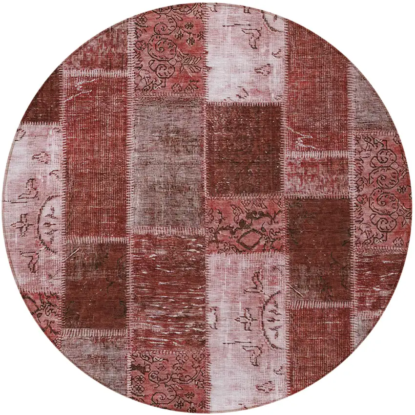 8' Burgundy Merlot And Blush Round Patchwork Washable Indoor Outdoor Area Rug Photo 4