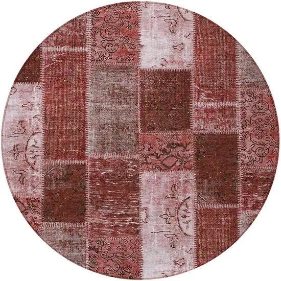 8' Burgundy Merlot And Blush Round Patchwork Washable Indoor Outdoor Area Rug Photo 4