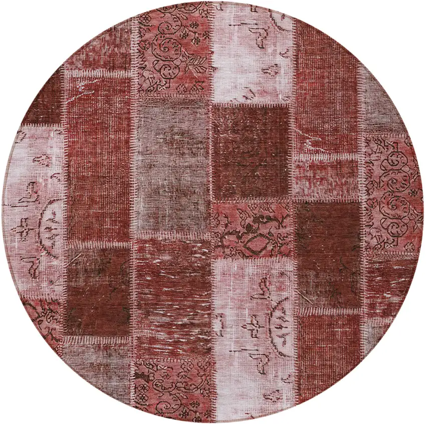 8' Burgundy Merlot And Blush Round Patchwork Washable Indoor Outdoor Area Rug Photo 4