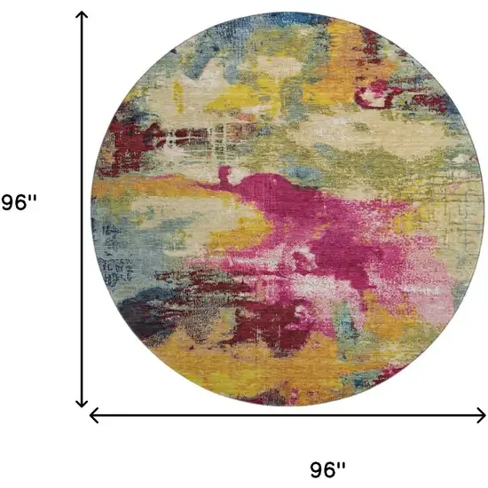 8' Burgundy Pink And Blue Abstract Washable Round Rug With UV Protection Photo 9