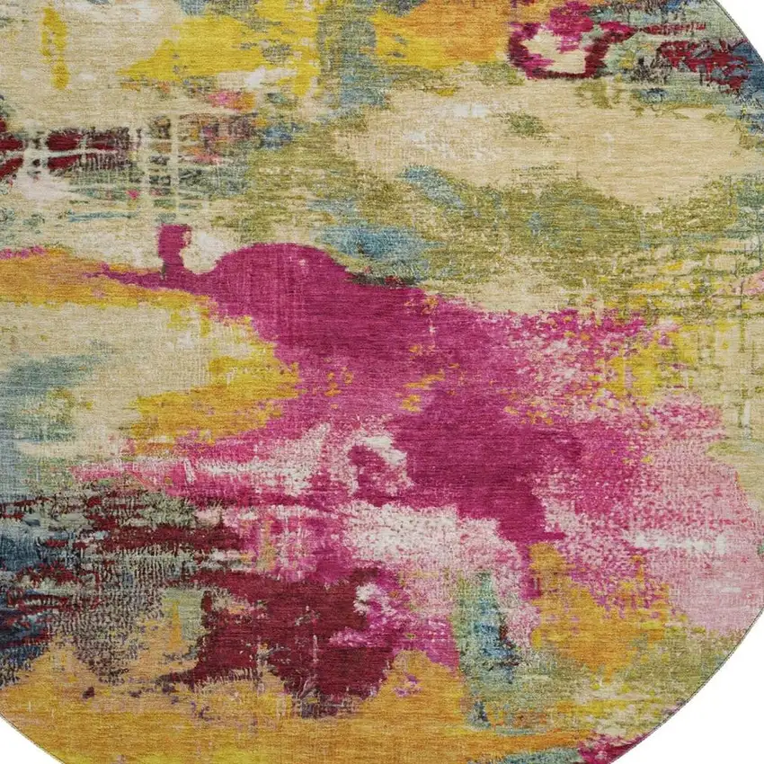 8' Burgundy Pink And Blue Abstract Washable Round Rug With UV Protection Photo 2