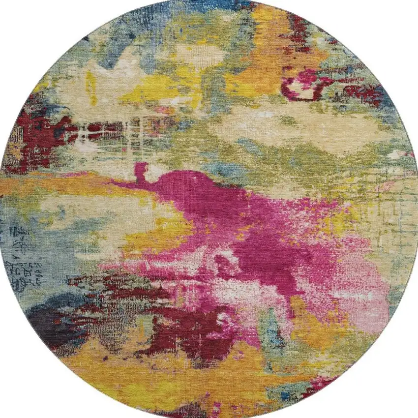 8' Burgundy Pink And Blue Abstract Washable Round Rug With UV Protection Photo 3