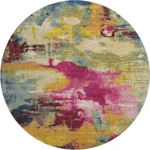 Photo of 8' Burgundy Pink And Blue Abstract Washable Round Rug With UV Protection