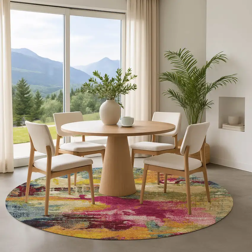 8' Burgundy Pink And Blue Abstract Washable Round Rug With UV Protection Photo 4