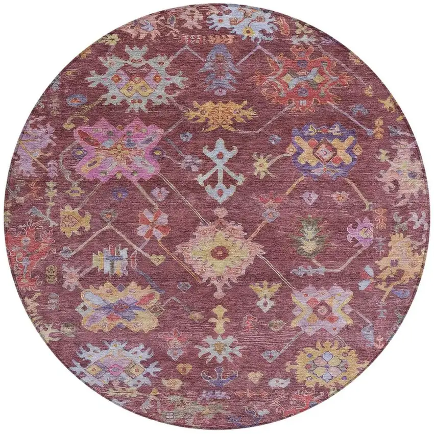 8' Burgundy Pink And Blue Round Floral Washable Indoor Outdoor Area Rug Photo 4