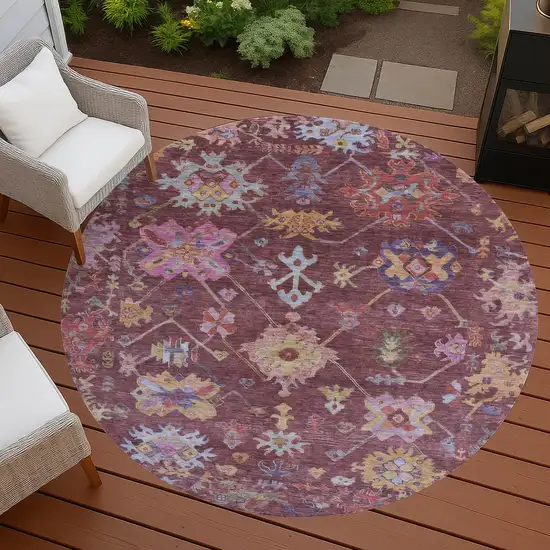 8' Burgundy Pink And Blue Round Floral Washable Indoor Outdoor Area Rug Photo 9