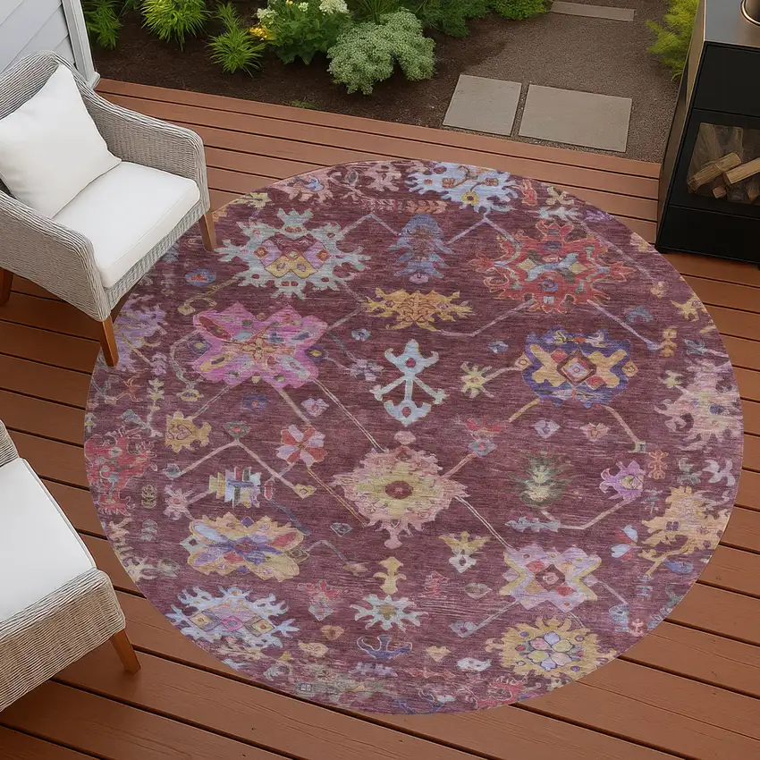 8' Burgundy Pink And Blue Round Floral Washable Indoor Outdoor Area Rug Photo 9