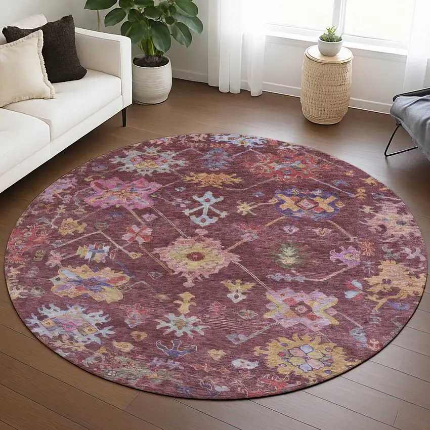 8' Burgundy Pink And Blue Round Floral Washable Indoor Outdoor Area Rug Photo 9