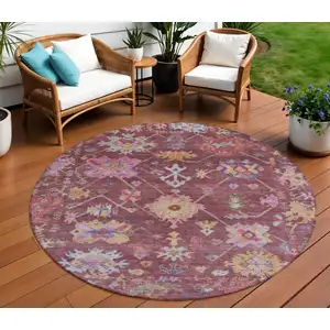 Photo of 8' Burgundy Pink And Blue Round Floral Washable Indoor Outdoor Area Rug