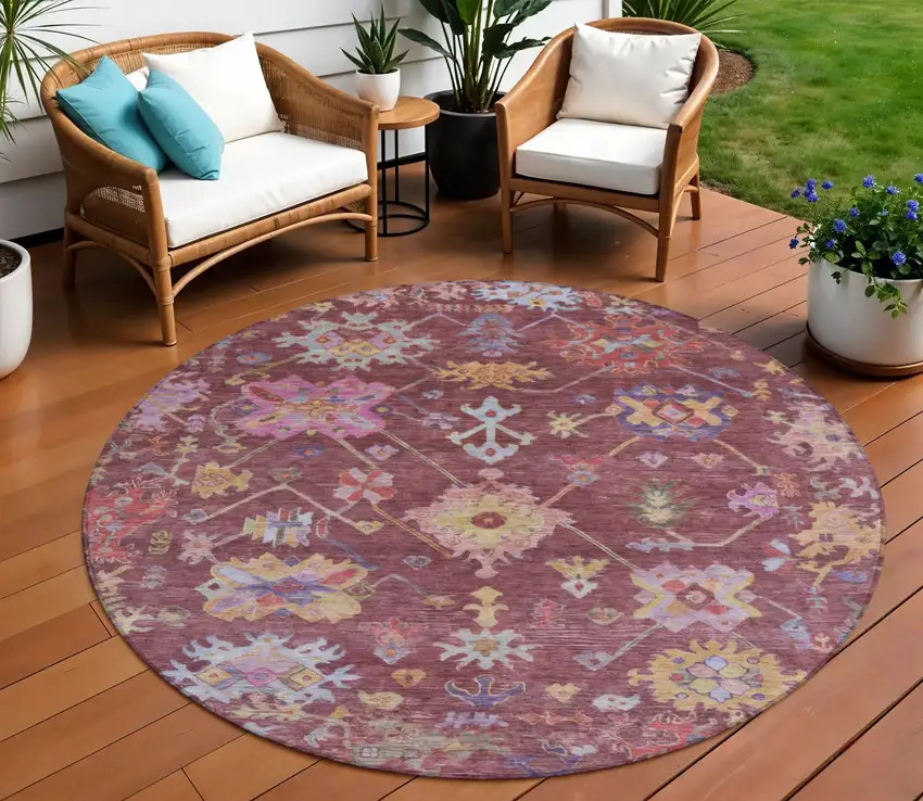 8' Burgundy Pink And Blue Round Floral Washable Indoor Outdoor Area Rug Photo 1