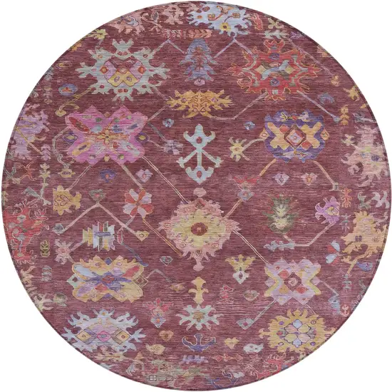 8' Burgundy Pink And Blue Round Floral Washable Indoor Outdoor Area Rug Photo 2