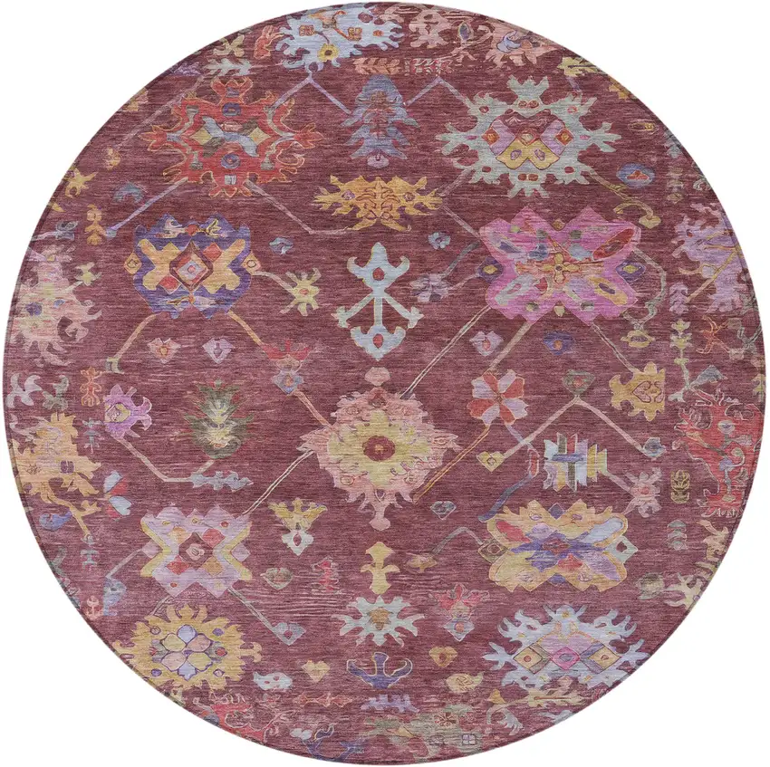 8' Burgundy Pink And Blue Round Floral Washable Indoor Outdoor Area Rug Photo 5