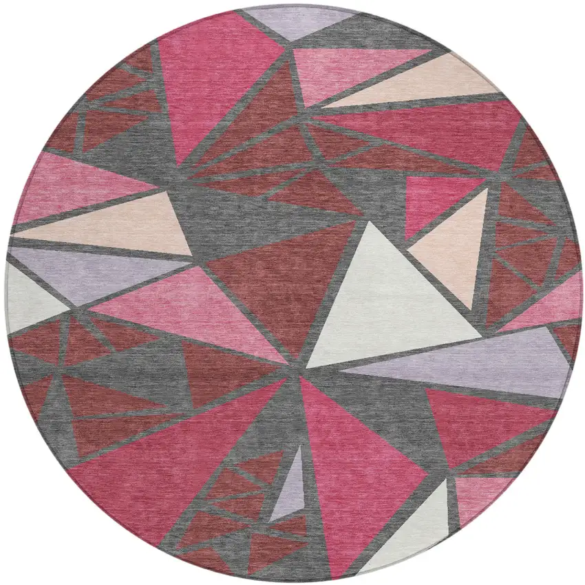 8' Burgundy Pink And Charcoal Round Geometric Washable Indoor Outdoor Area Rug Photo 2