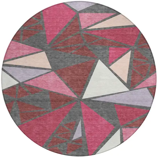 8' Burgundy Pink And Charcoal Round Geometric Washable Indoor Outdoor Area Rug Photo 2