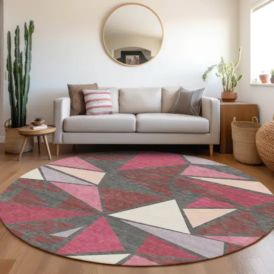 8' Burgundy Pink And Charcoal Round Geometric Washable Indoor Outdoor Area Rug Photo 8