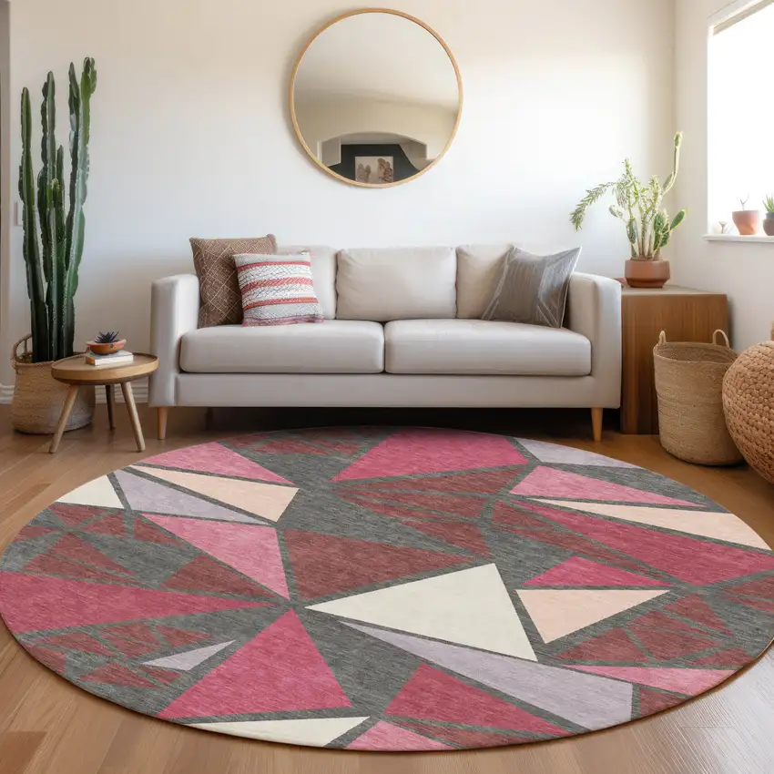 8' Burgundy Pink And Charcoal Round Geometric Washable Indoor Outdoor Area Rug Photo 8