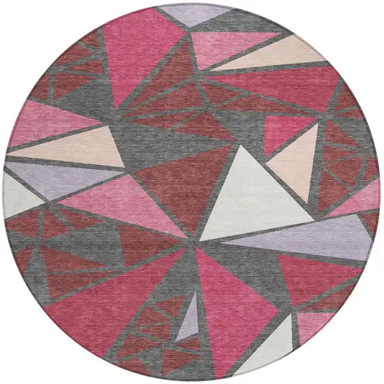 8' Burgundy Pink And Charcoal Round Geometric Washable Indoor Outdoor Area Rug Photo 6