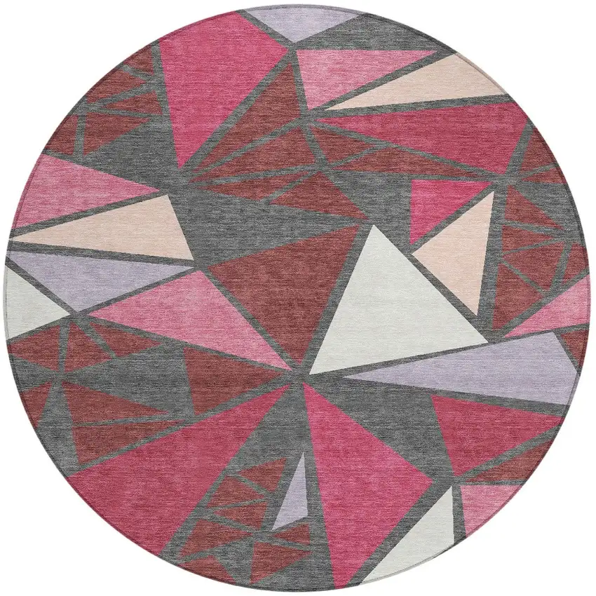 8' Burgundy Pink And Charcoal Round Geometric Washable Indoor Outdoor Area Rug Photo 6