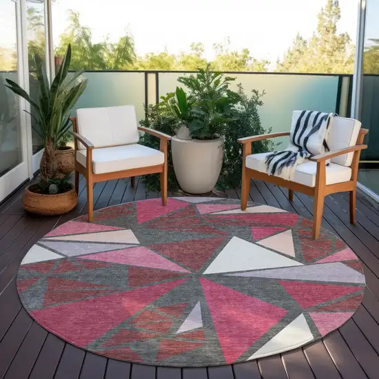 8' Burgundy Pink And Charcoal Round Geometric Washable Indoor Outdoor Area Rug Photo 7