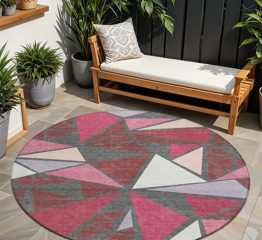 8' Burgundy Pink And Charcoal Round Geometric Washable Indoor Outdoor Area Rug Photo 1