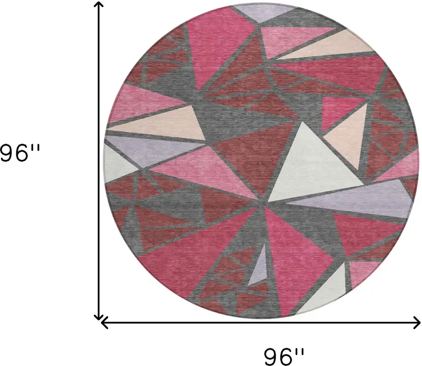 8' Burgundy Pink And Charcoal Round Geometric Washable Indoor Outdoor Area Rug Photo 3