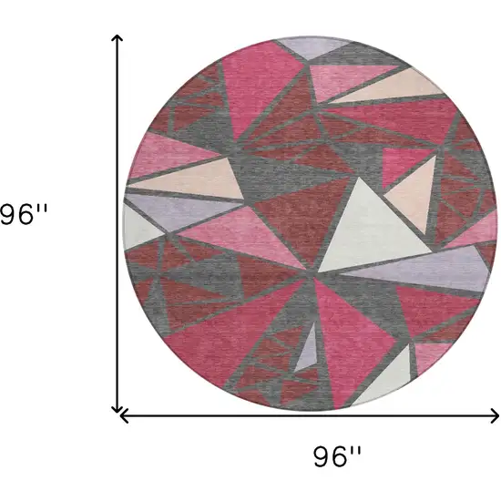 8' Burgundy Pink And Charcoal Round Geometric Washable Indoor Outdoor Area Rug Photo 3