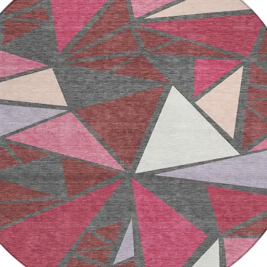 8' Burgundy Pink And Charcoal Round Geometric Washable Indoor Outdoor Area Rug Photo 5