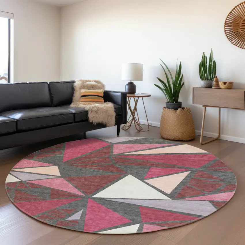 8' Burgundy Pink And Ivory Geometric Washable Round Rug With UV Protection Photo 4