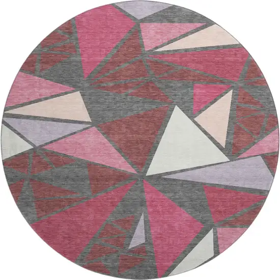 8' Burgundy Pink And Ivory Geometric Washable Round Rug With UV Protection Photo 1