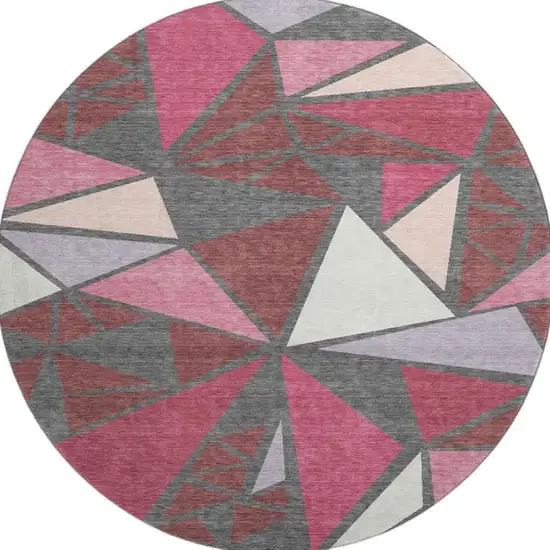 8' Burgundy Pink And Ivory Geometric Washable Round Rug With UV Protection Photo 3