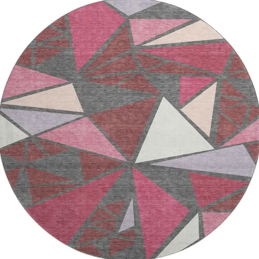 8' Burgundy Pink And Ivory Geometric Washable Round Rug With UV Protection Photo 3