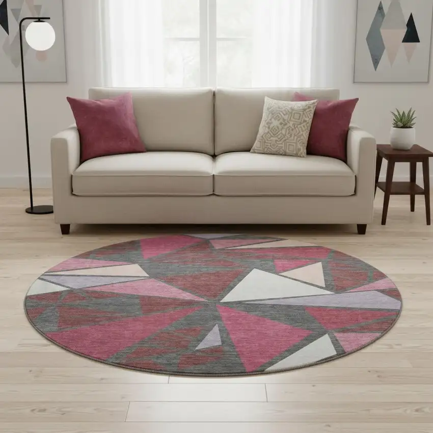 8' Burgundy Pink And Ivory Geometric Washable Round Rug With UV Protection Photo 2