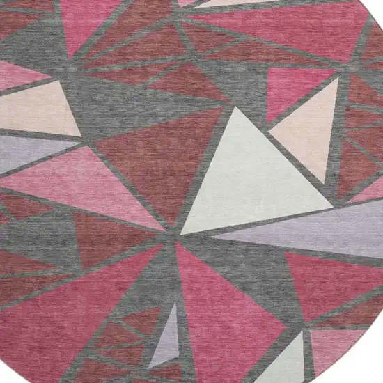 8' Burgundy Pink And Ivory Geometric Washable Round Rug With UV Protection Photo 2