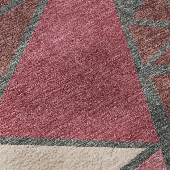 8' Burgundy Pink And Ivory Geometric Washable Round Rug With UV Protection Photo 8