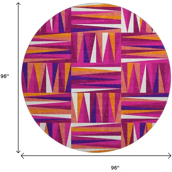 8' Burgundy Purple And Orange Geometric Washable Round Rug With UV Protection Photo 9
