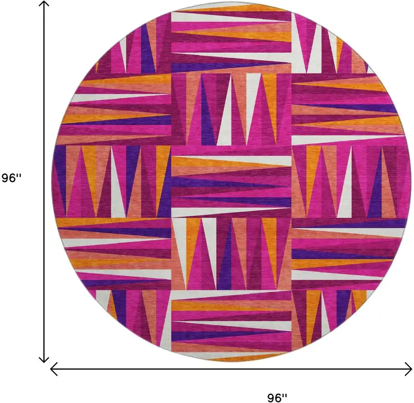 8' Burgundy Purple And Orange Geometric Washable Round Rug With UV Protection Photo 9