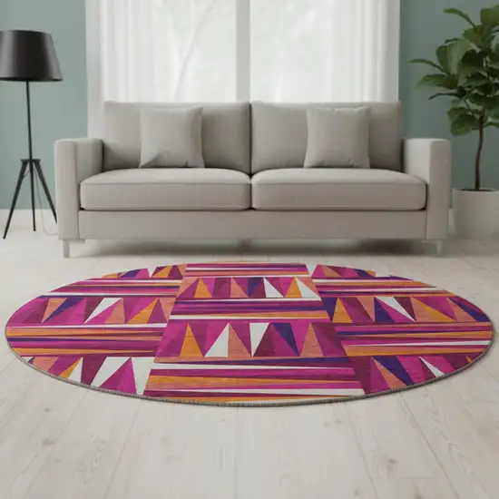 8' Burgundy Purple And Orange Geometric Washable Round Rug With UV Protection Photo 2