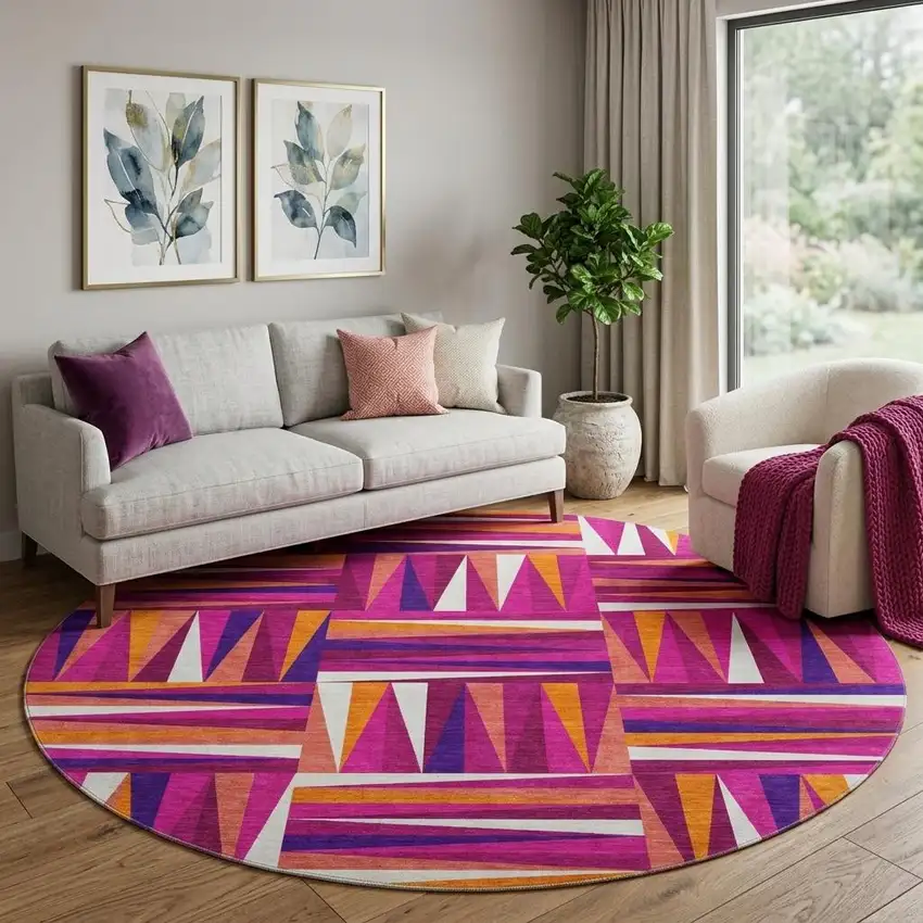8' Burgundy Purple And Orange Geometric Washable Round Rug With UV Protection Photo 1