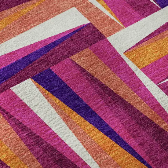 8' Burgundy Purple And Orange Geometric Washable Round Rug With UV Protection Photo 8