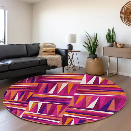 8' Burgundy Purple And Orange Geometric Washable Round Rug With UV Protection Photo 4