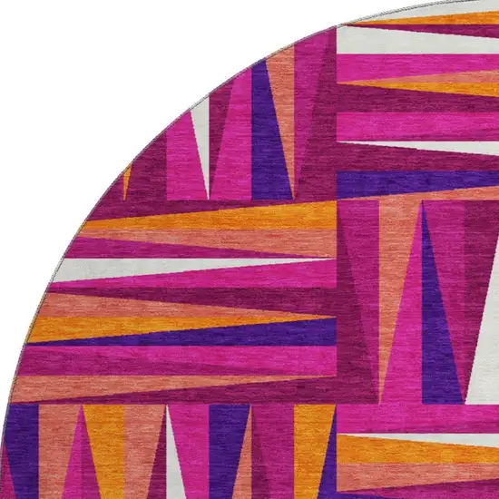 8' Burgundy Purple And Orange Geometric Washable Round Rug With UV Protection Photo 3