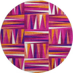 Photo of 8' Burgundy Purple And Orange Geometric Washable Round Rug With UV Protection