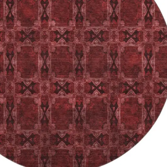 8' Burgundy Red And Gray Floral Medallion Washable Round Rug With UV Protection Photo 3