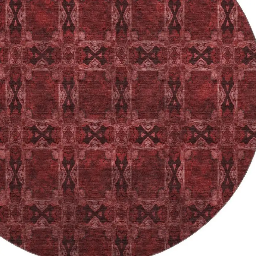 8' Burgundy Red And Gray Floral Medallion Washable Round Rug With UV Protection Photo 3