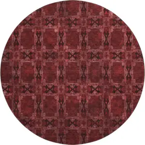 Photo of 8' Burgundy Red And Gray Floral Medallion Washable Round Rug With UV Protection