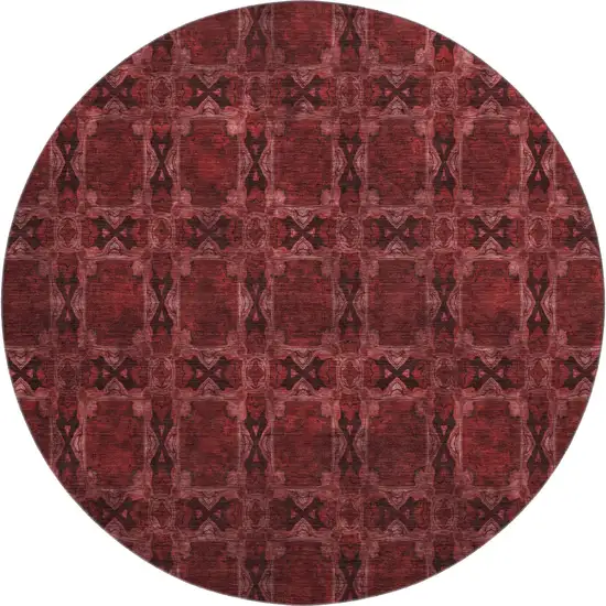 8' Burgundy Red And Gray Floral Medallion Washable Round Rug With UV Protection Photo 1