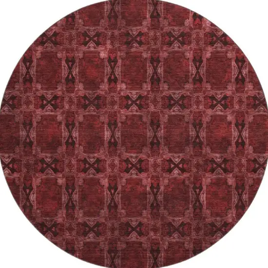 8' Burgundy Red And Gray Floral Medallion Washable Round Rug With UV Protection Photo 4