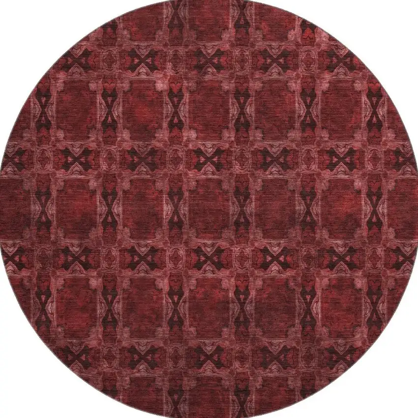 8' Burgundy Red And Gray Floral Medallion Washable Round Rug With UV Protection Photo 4
