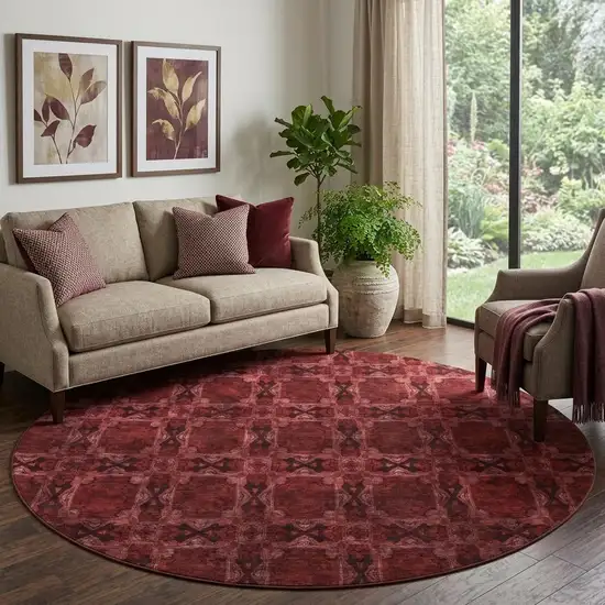 8' Burgundy Red And Gray Floral Medallion Washable Round Rug With UV Protection Photo 1
